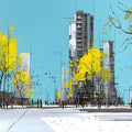 Urban Sketch Cityscape Mural Wallpaper with Vibrant Yellow Trees Mural Wallpaper - room preview 04