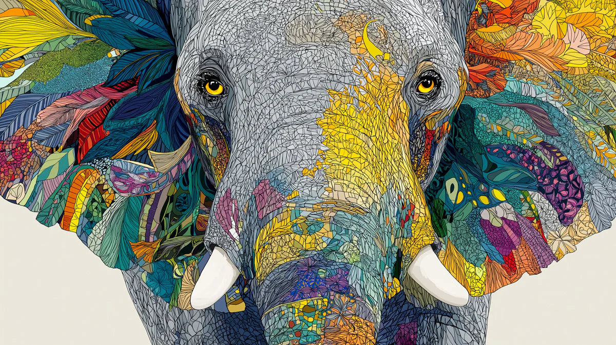 Mosaic Elephant Mural Wallpaper — Vibrant Animal Art Mural Wallpaper - room preview 04