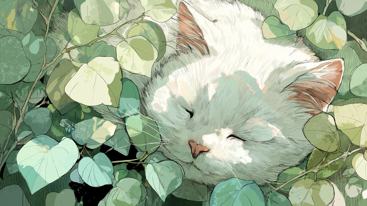 Sleeping Cat in Garden Mural Wallpaper — Whimsical Illustration Mural Wallpaper - room preview 04
