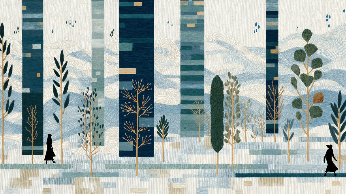 Abstract Geometric Forest Mural Wallpaper in Blue and Ochre Mural Wallpaper - room preview 04