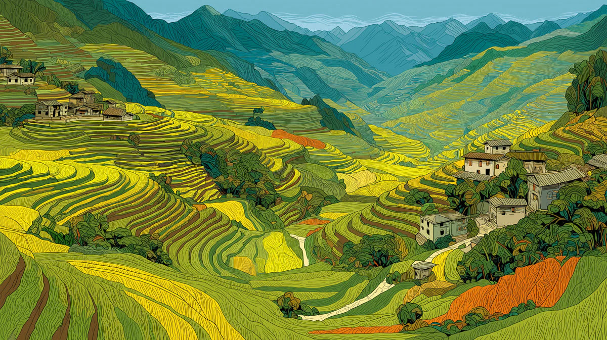 Terraced Mountain Valley Mural Wallpaper — Hand-Drawn Landscape Mural Wallpaper - room preview 04