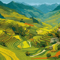 Terraced Mountain Valley Mural Wallpaper — Hand-Drawn Landscape Mural Wallpaper - room preview 04