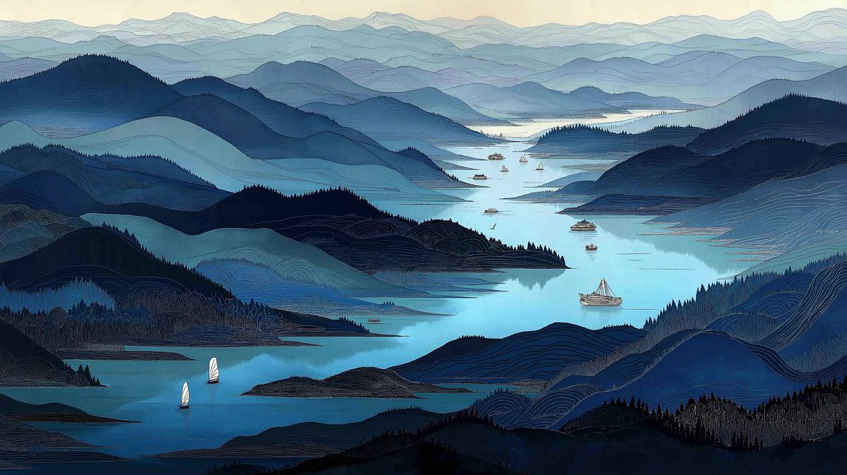 Blue Mountain Landscape Mural Wallpaper in Ink Wash Style Mural Wallpaper - room preview 04