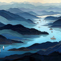 Blue Mountain Landscape Mural Wallpaper in Ink Wash Style Mural Wallpaper - room preview 04