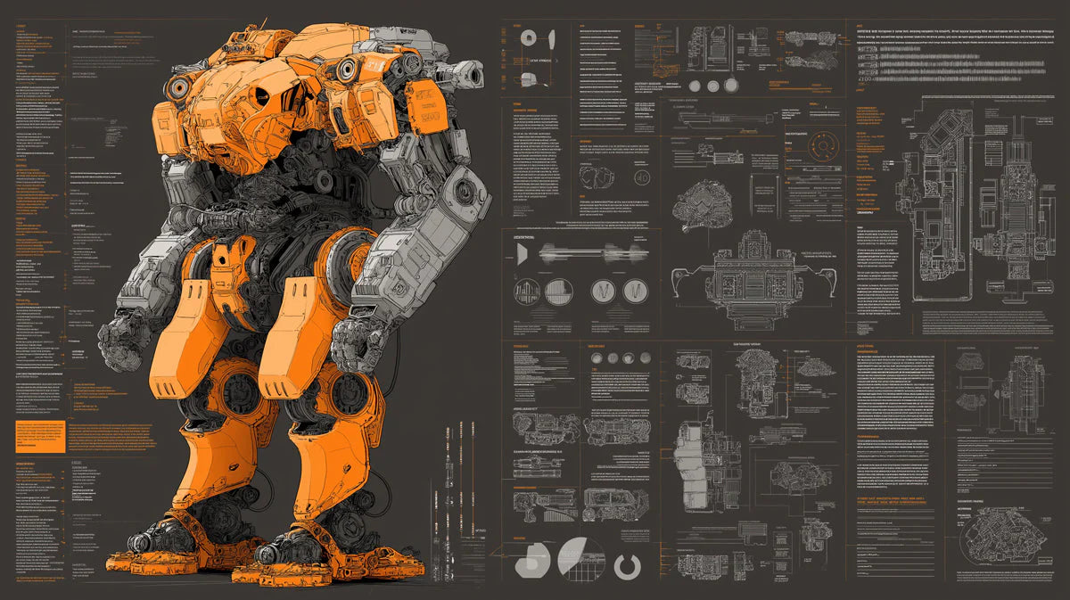 Industrial Mecha Blueprint Mural Wallpaper in Charcoal and Orange Mural Wallpaper - room preview 04