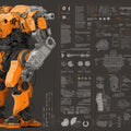 Industrial Mecha Blueprint Mural Wallpaper in Charcoal and Orange Mural Wallpaper - room preview 04