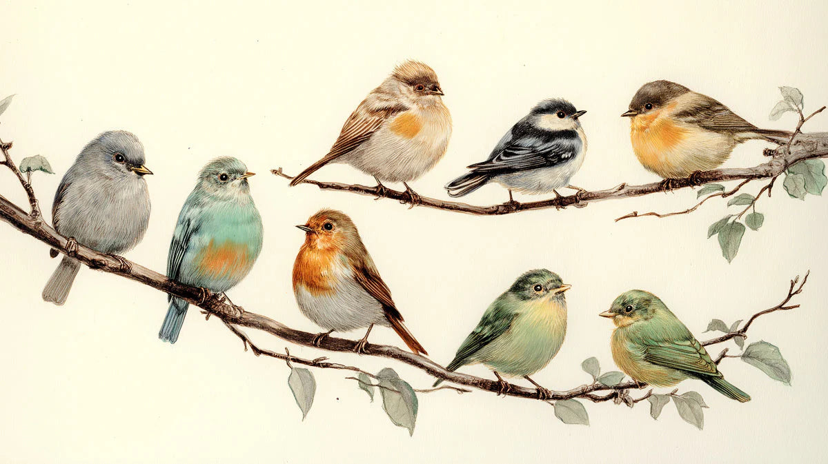 Songbird Illustration Mural Wallpaper — Artistic Nature Decor Mural Wallpaper - room preview 04