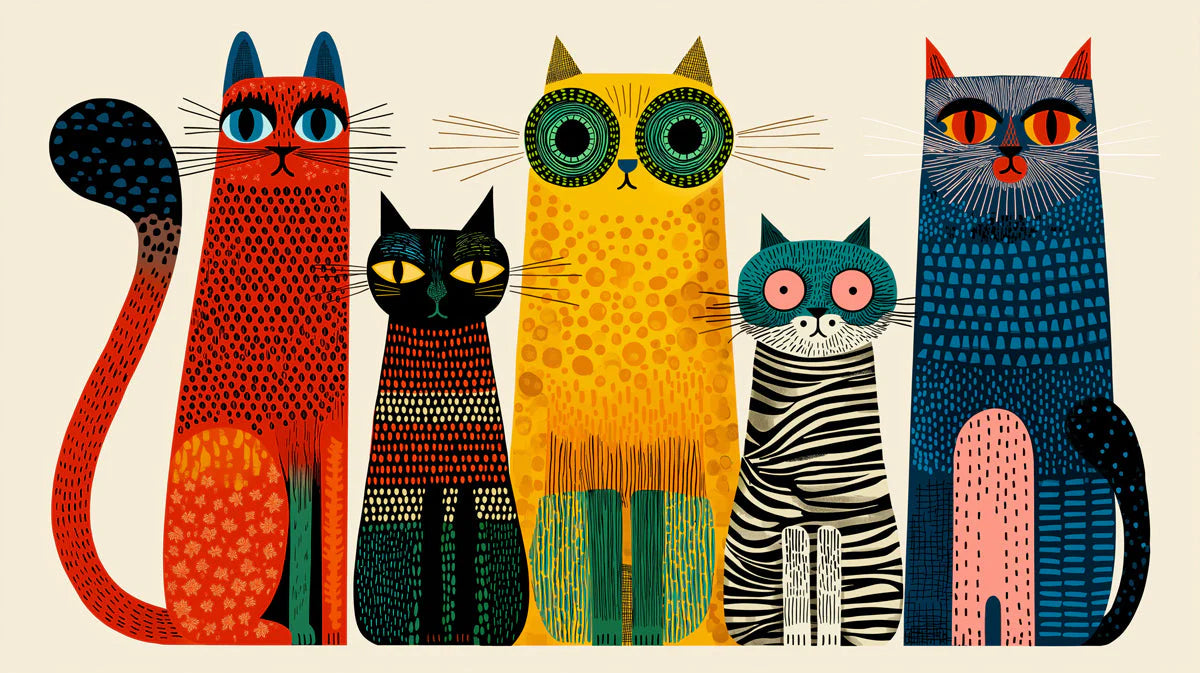 Mid-Century Whimsical Cat Mural Wallpaper — Playful Illustration Mural Wallpaper - room preview 04