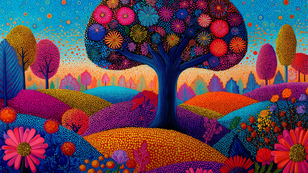 Vibrant Pointillist Meadow Mural Wallpaper — Artistic Floral Scene Mural Wallpaper - room preview 04