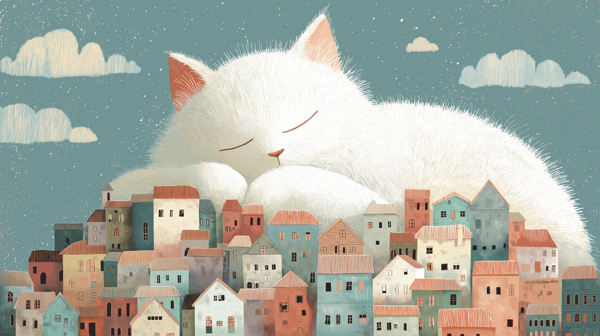 Sleeping Giant Cat Mural Wallpaper — Whimsical Town Scene Mural Wallpaper - room preview 04