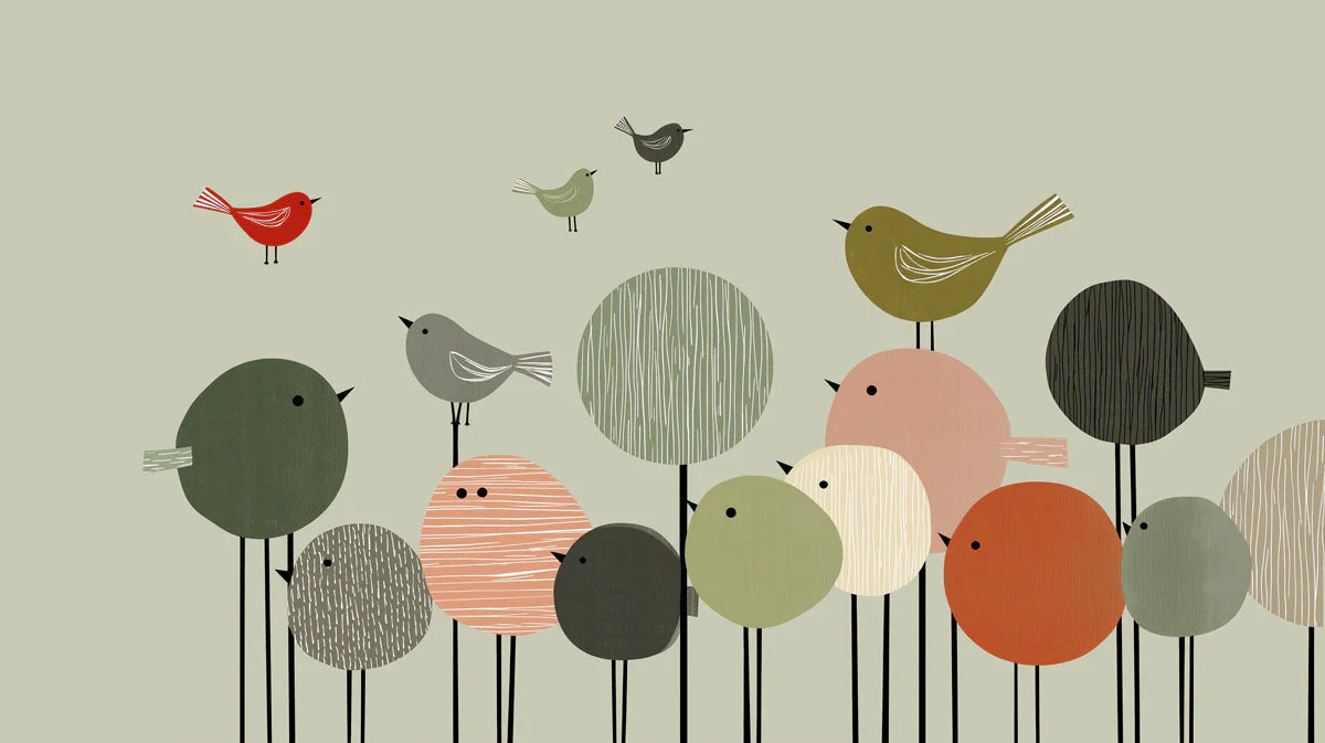 Whimsical Bird Gathering Mural Wallpaper in Soft Earth Tones Mural Wallpaper - room preview 04