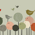Whimsical Bird Gathering Mural Wallpaper in Soft Earth Tones Mural Wallpaper - room preview 04