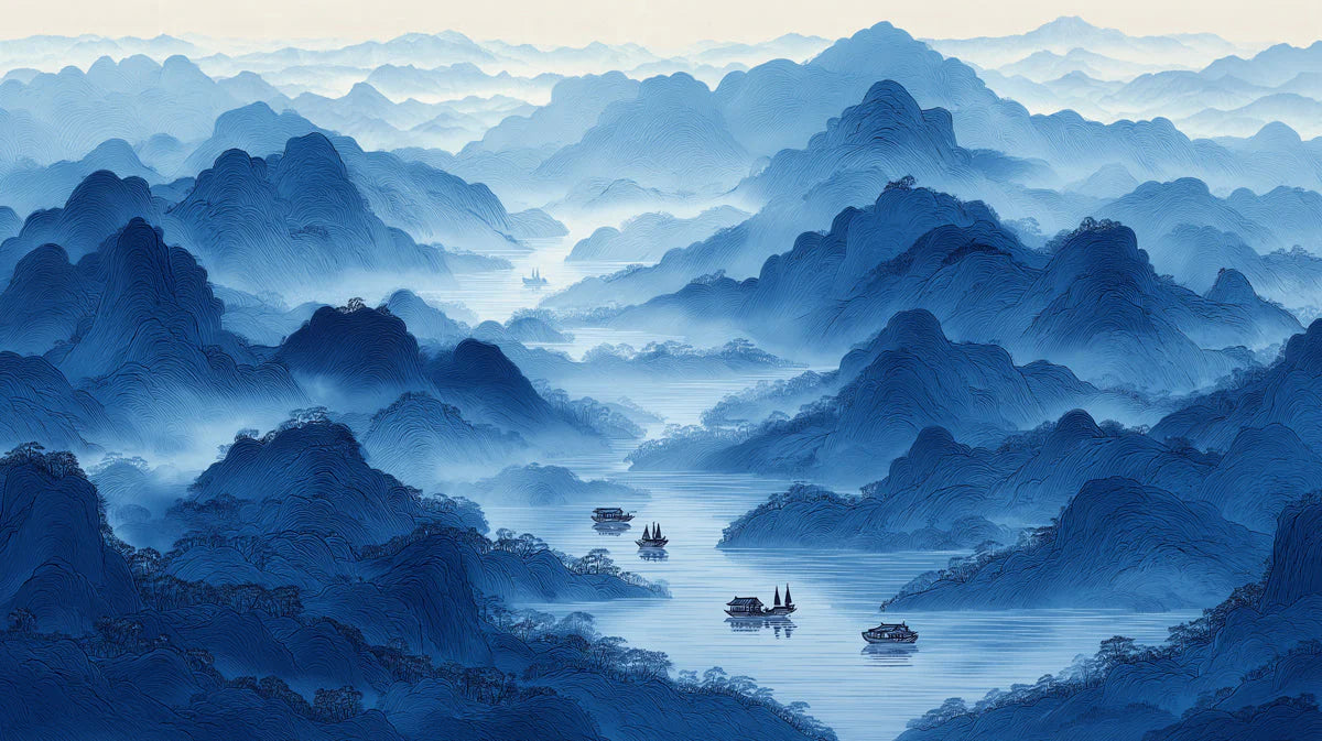 Mist-Covered Mountain Valley Mural Wallpaper in Cobalt Blue Mural Wallpaper - room preview 04