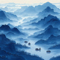 Mist-Covered Mountain Valley Mural Wallpaper in Cobalt Blue Mural Wallpaper - room preview 04