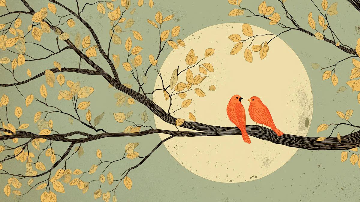 Autumnal Songbirds Mural Wallpaper with Soft Sage Background Mural Wallpaper - room preview 04