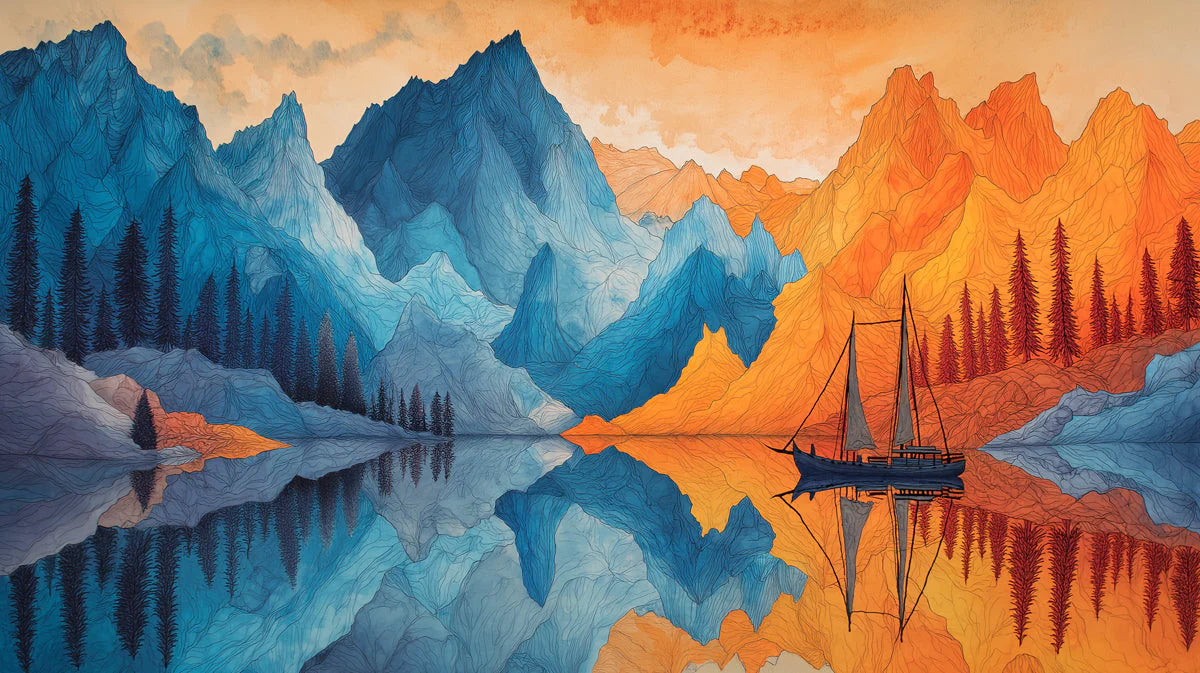 Dual Tone Mountain Lake Mural Wallpaper in Vibrant Ink Style Mural Wallpaper - room preview 04