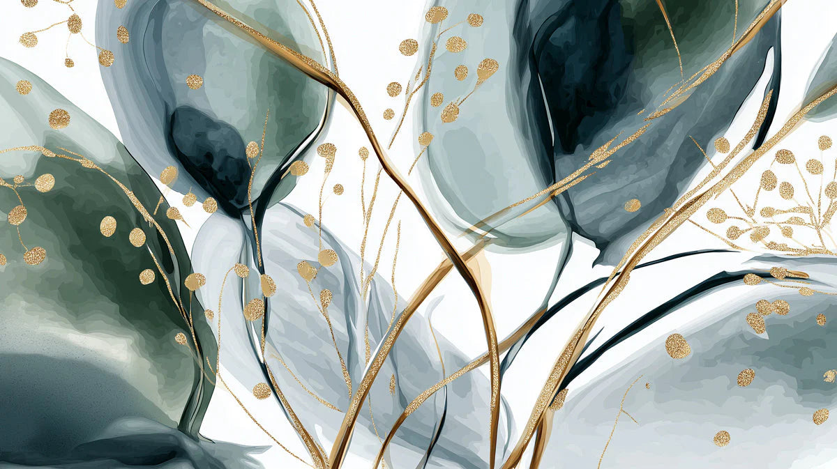 Emerald and Gold Watercolor Botanical Mural Wallpaper - room preview 04