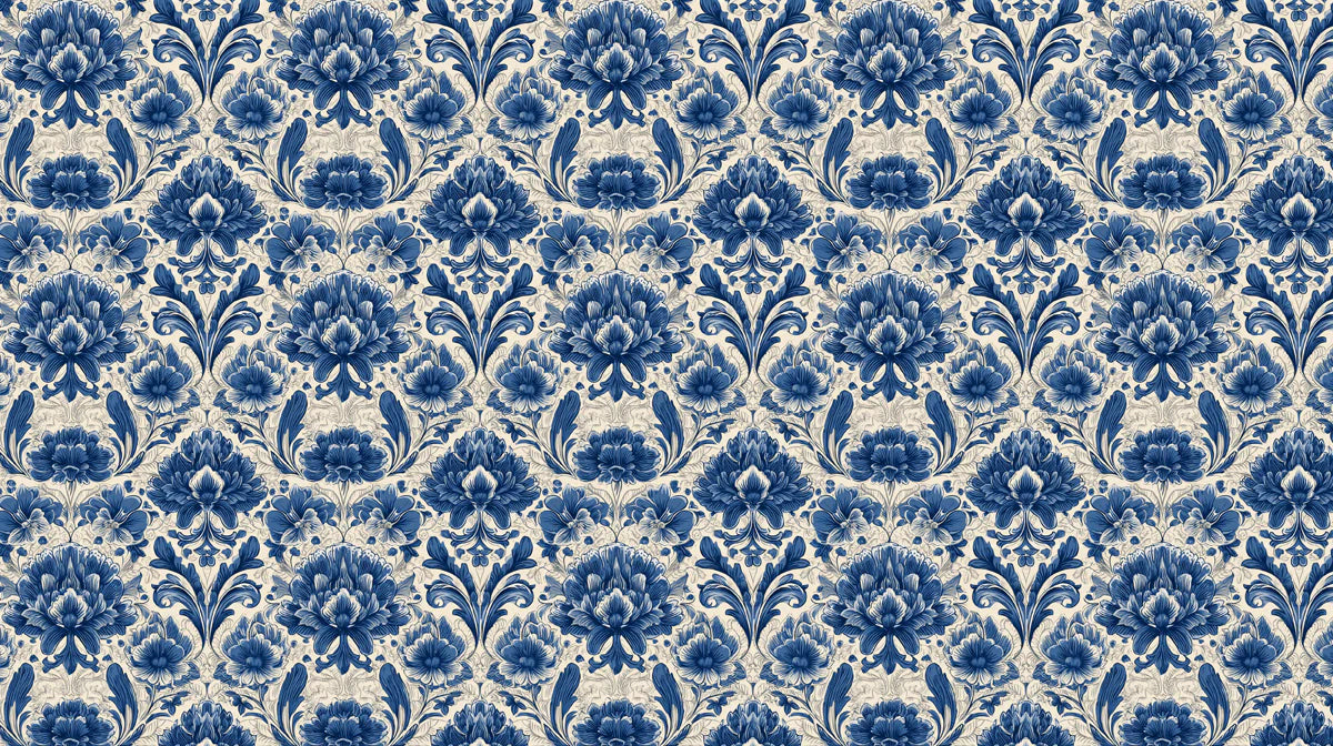 Indigo Botanical Damask Mural Wallpaper — Classic Floral Pattern Mural Wallpaper - room preview 04