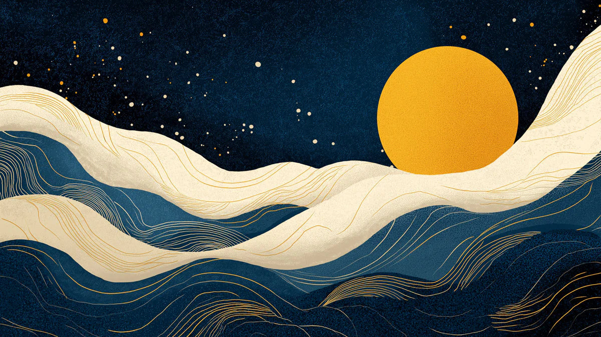 Golden Moon Celestial Wave Mural Wallpaper — Abstract Navy Blue Mural Wallpaper - room preview 04