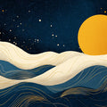 Golden Moon Celestial Wave Mural Wallpaper — Abstract Navy Blue Mural Wallpaper - room preview 04