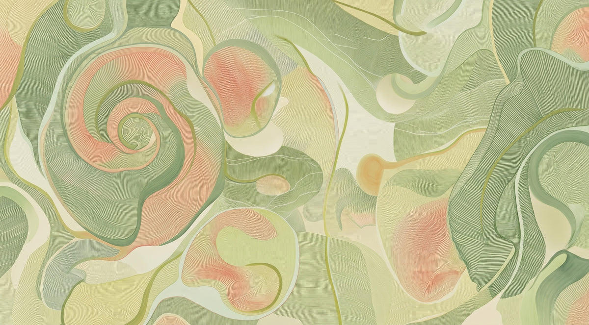 Abstract Swirl Mural Wallpaper — Soft Sage and Peach Linear Art Mural Wallpaper - room preview 04