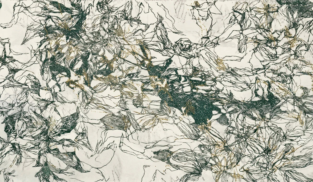 Abstract Ink Botanical Mural Wallpaper in Forest Green and Gold Mural Wallpaper - room preview 04