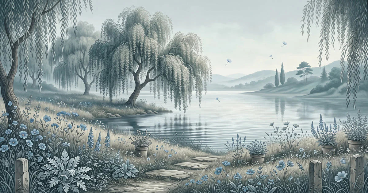 Willow Lake Landscape Mural Wallpaper — Soft Blue Sketch Mural Wallpaper - room preview 04