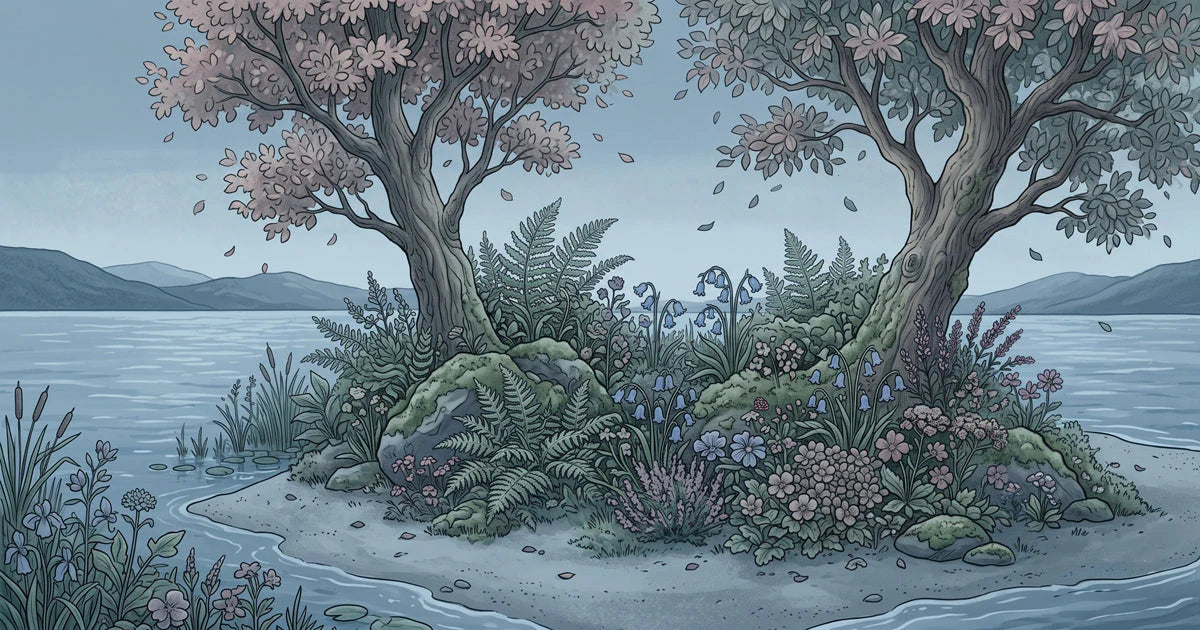 Enchanted Lakeside Mural Wallpaper with Hand-Drawn Floral Motif Mural Wallpaper - room preview 04