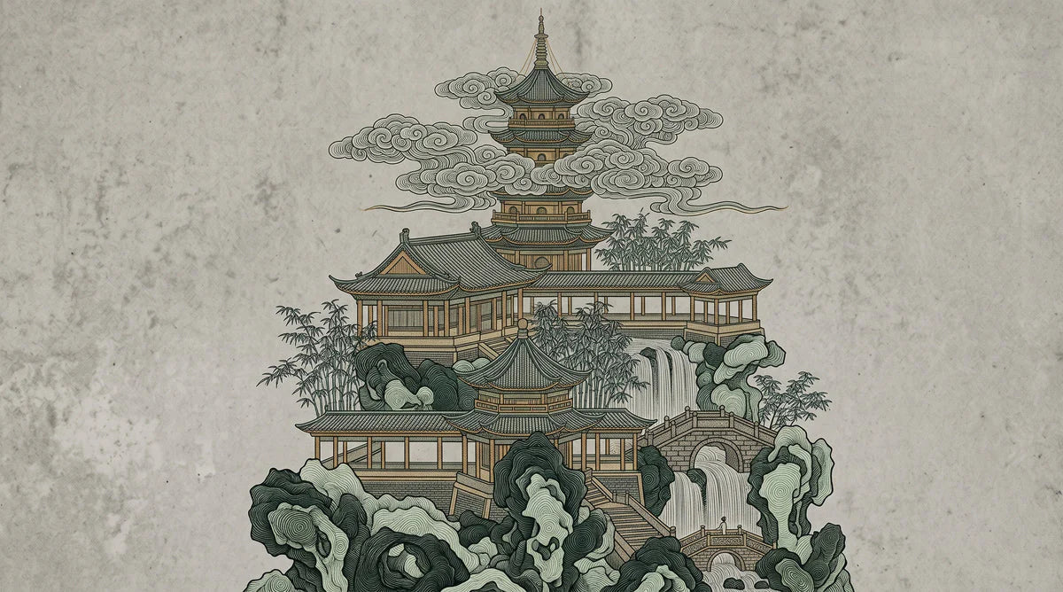Oriental Pagoda Mountain Landscape Mural Wallpaper - room preview 04
