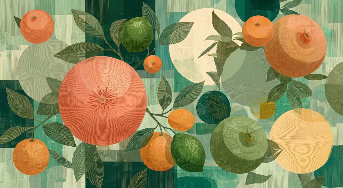 Citrus Grove Geometric Mural Wallpaper — Mid Century Modern Fruit Mural Wallpaper - room preview 04