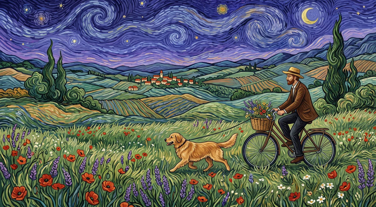 Van Gogh Inspired Countryside Mural Wallpaper with Cyclist Mural Wallpaper - room preview 04