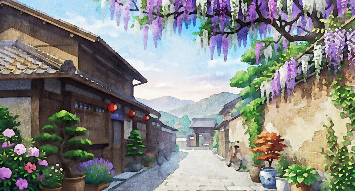 Japanese Wisteria Village Mural Wallpaper — Impressionistic Scenery Mural Wallpaper - room preview 04