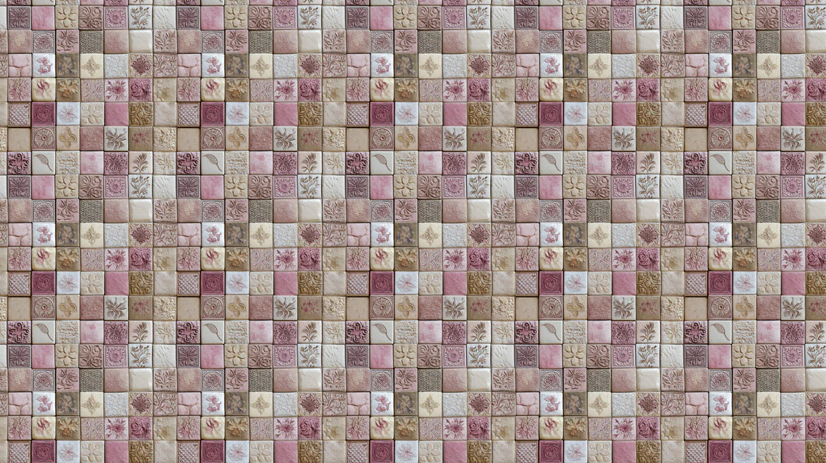 Vintage Botanical Mosaic Mural Wallpaper — Soft Dusty Rose Mural Wallpaper - room preview 04
