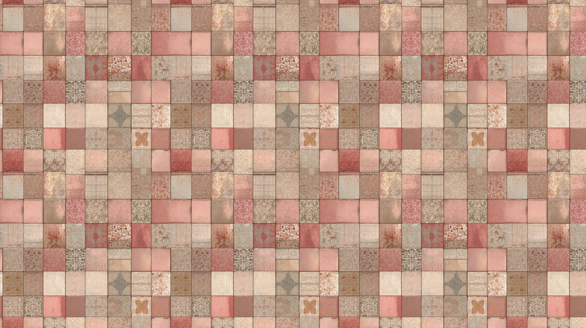 Vintage Tiled Mosaic Mural Wallpaper in Soft Blush and Terracotta Mural Wallpaper - room preview 04