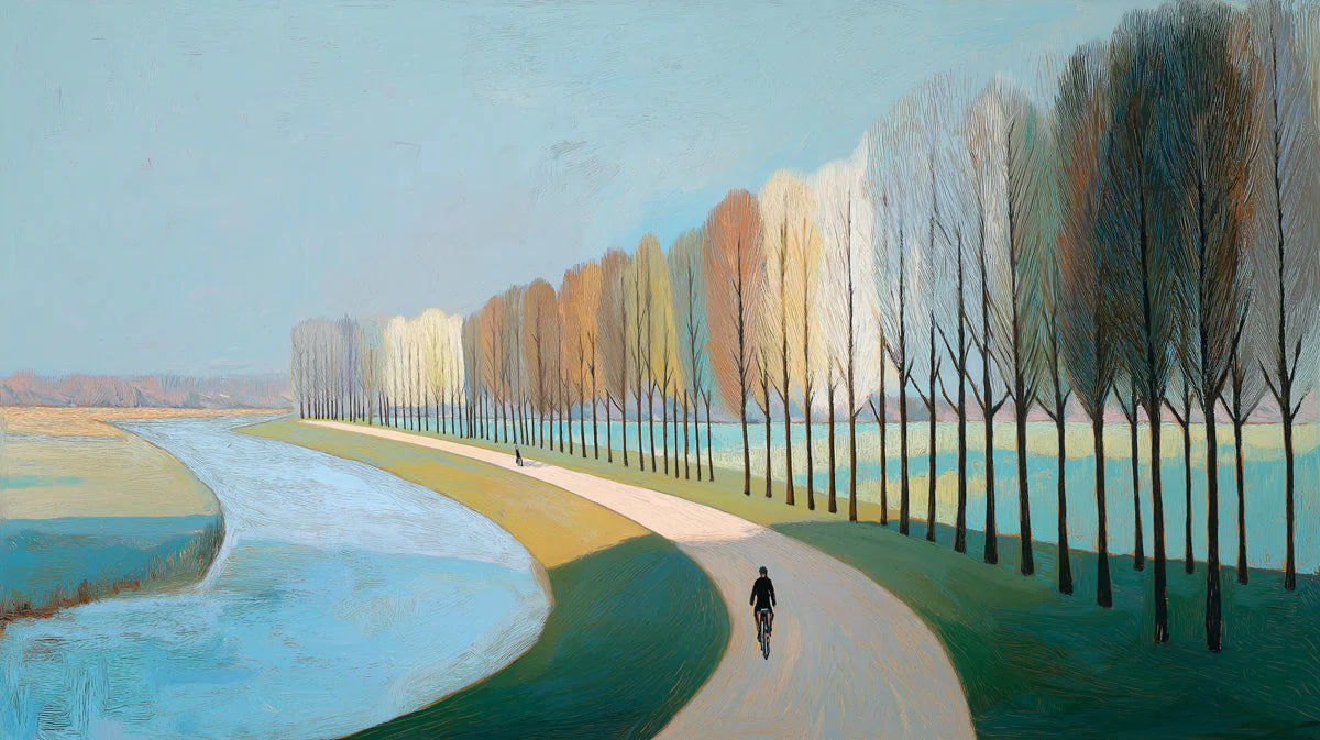 Riverside Cyclist Mural Wallpaper — Impressionistic Landscape Mural Wallpaper - room preview 04