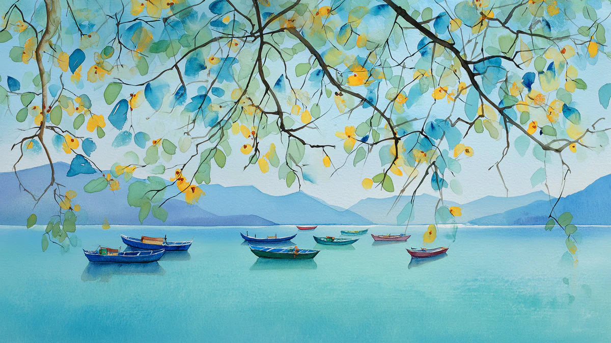 Watercolor Lake Boats Mural Wallpaper — Calm Coastal Blue Scene Mural Wallpaper - room preview 04