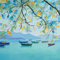 Watercolor Lake Boats Mural Wallpaper — Calm Coastal Blue Scene Mural Wallpaper - room preview 04