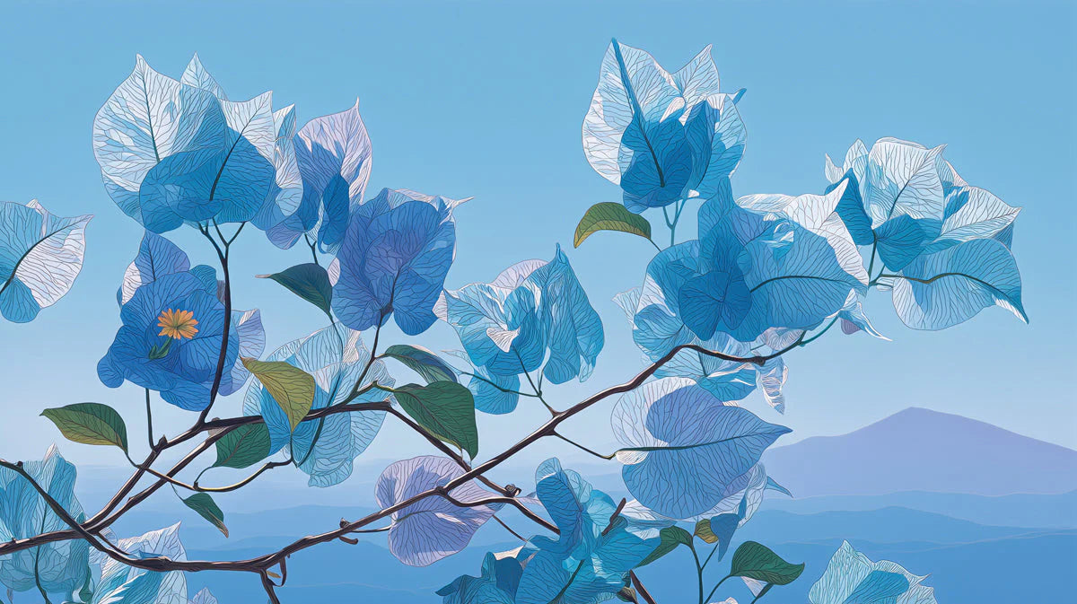 Blue Bougainvillea Mural Wallpaper — Botanical Art Print Mural Wallpaper - room preview 04
