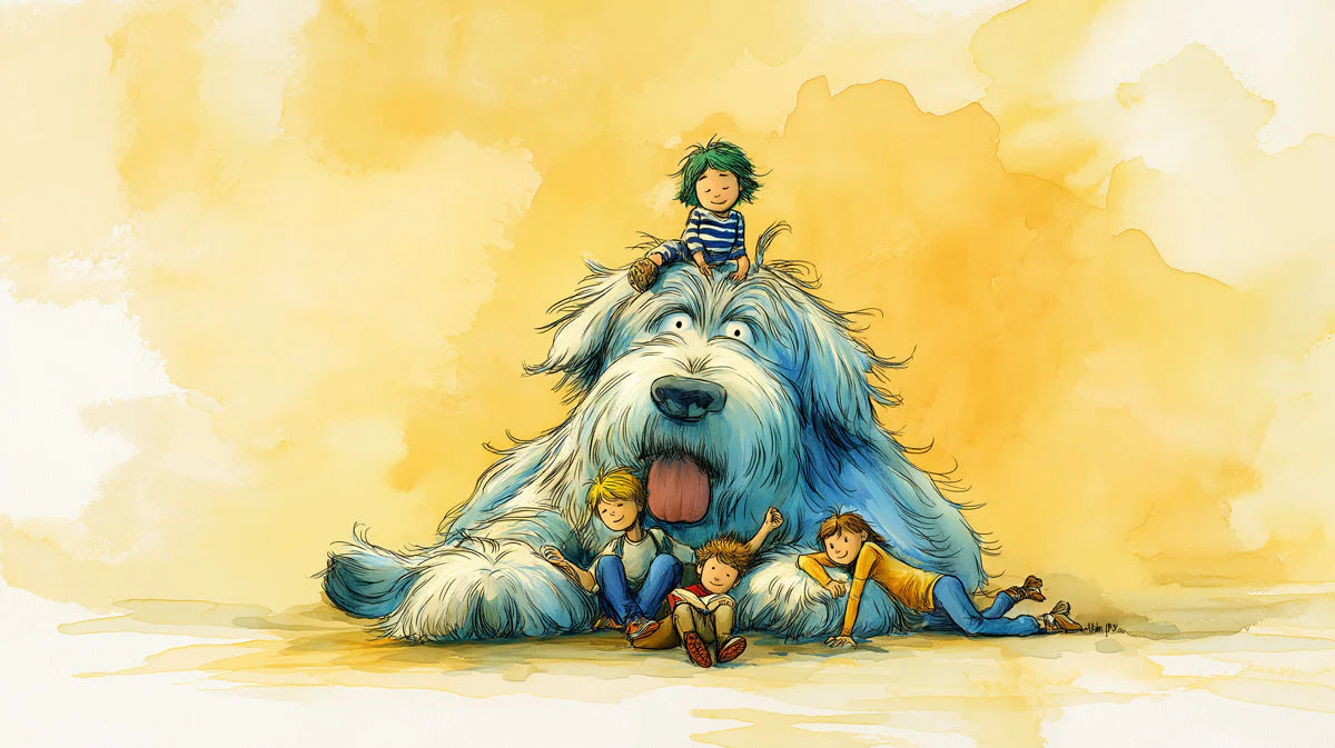 Giant Fluffy Dog and Children Watercolor Mural Wallpaper - room preview 04