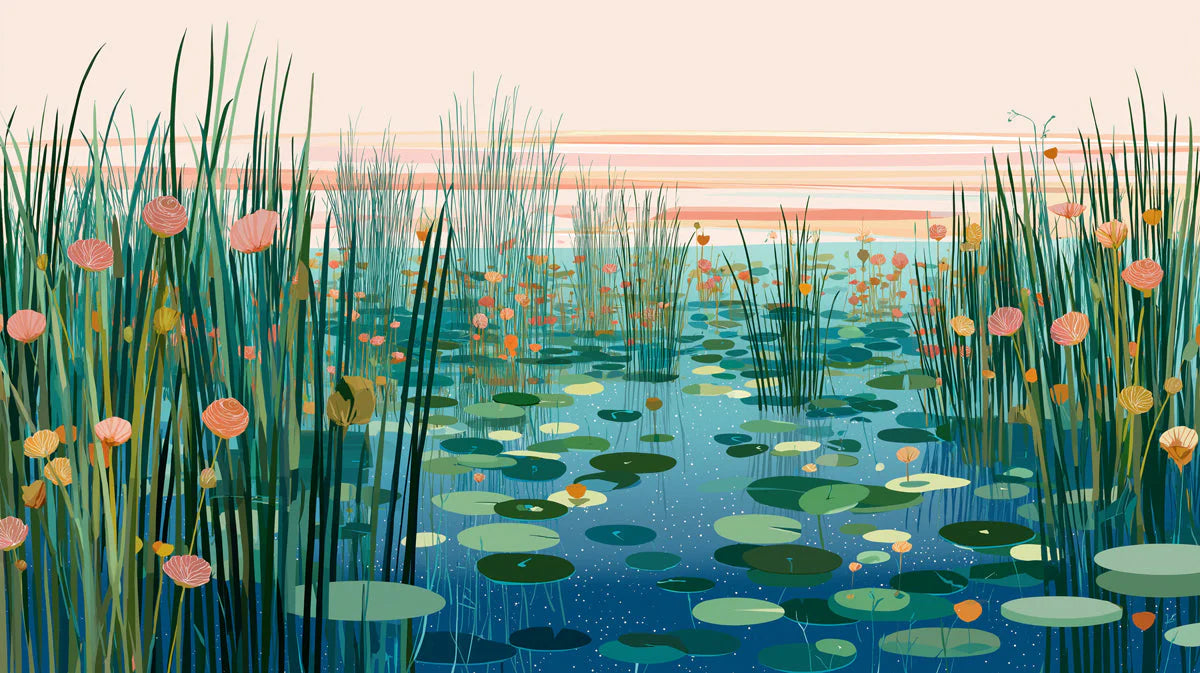 Marshland Sunset Mural Wallpaper with Water Lilies Mural Wallpaper - room preview 04