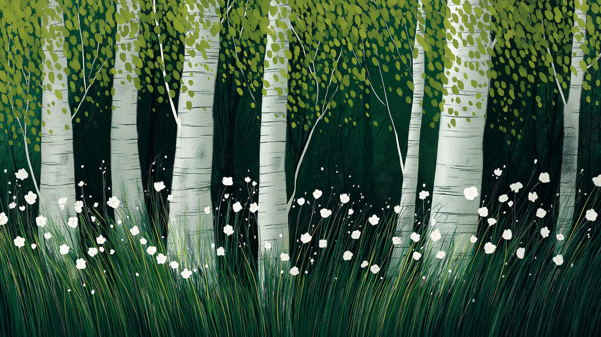 Birch Forest Mural Wallpaper with White Wildflowers Mural Wallpaper - room preview 04