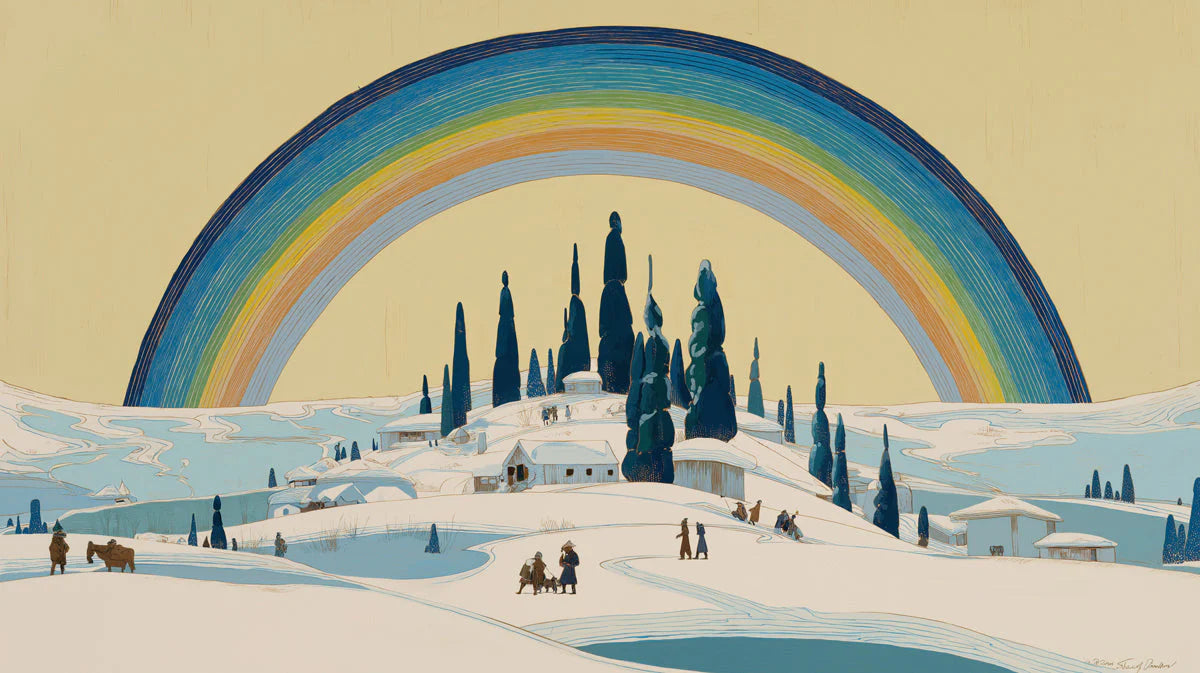 Winter Village Landscape Mural Wallpaper with Rainbow Arch Mural Wallpaper - room preview 04
