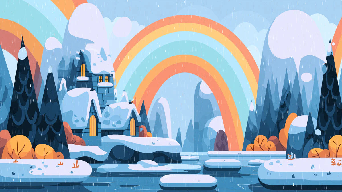 Snowy Rainbow Mountain Mural Wallpaper — Whimsical Winter Landscape Mural Wallpaper - room preview 04