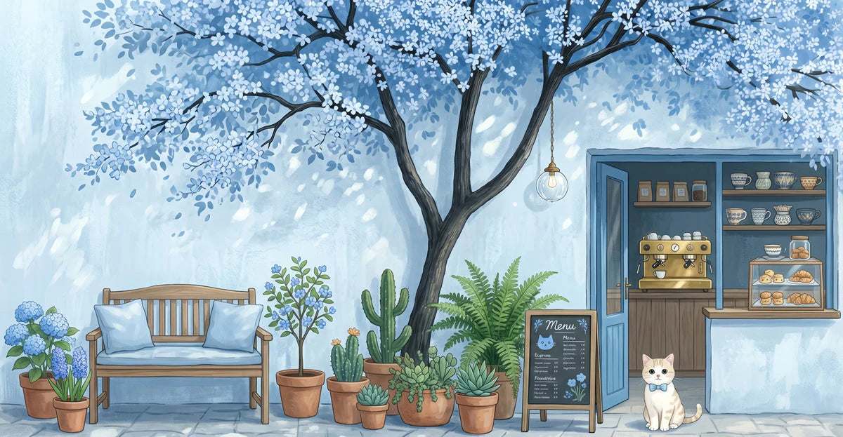 Blue Blossom Cafe Mural Wallpaper with Whimsical Cat Illustration Mural Wallpaper - room preview 04