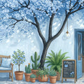 Blue Blossom Cafe Mural Wallpaper with Whimsical Cat Illustration Mural Wallpaper - room preview 04