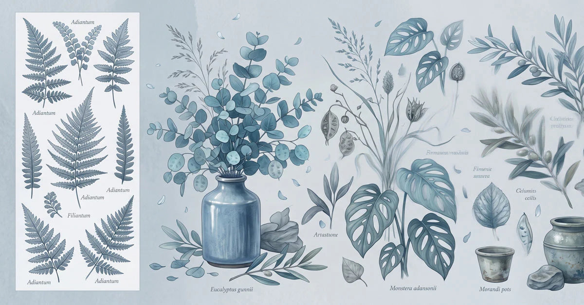 Botanical Sketch Mural Wallpaper — Blue Monochromatic Art Mural Wallpaper - room preview 04