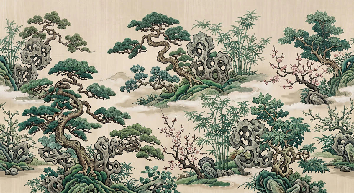 Chinoiserie Pine and Bamboo Mural Wallpaper — Artistic Nature Scene Mural Wallpaper - room preview 04