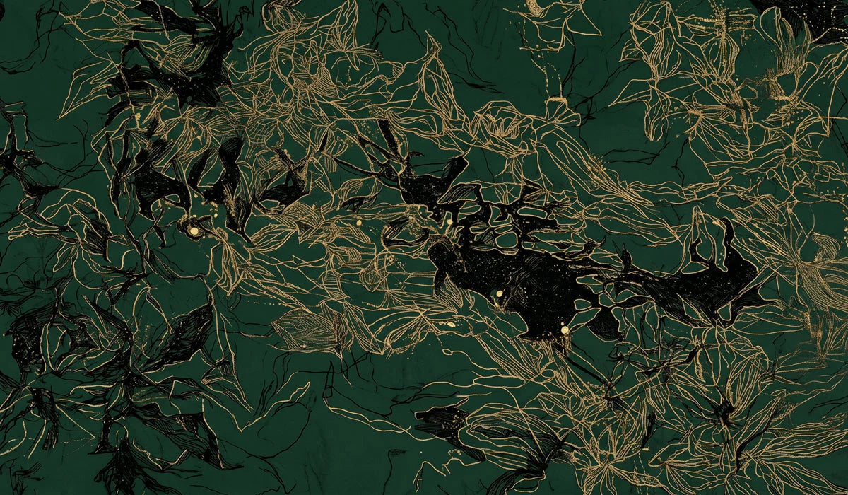 Gilded Botanical Mural Wallpaper in Deep Forest Green Mural Wallpaper - room preview 04