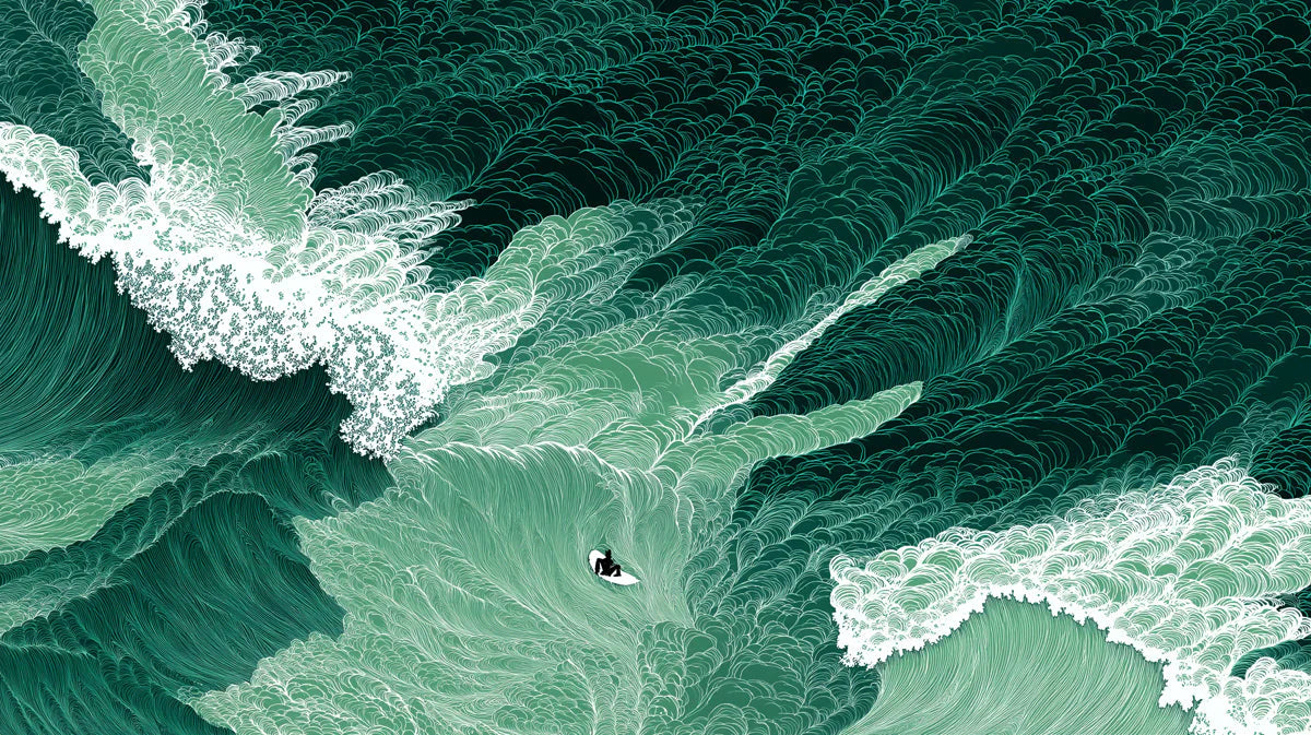 Surfer on Deep Green Waves Mural Wallpaper — Ink Illustration Style Mural Wallpaper - room preview 04