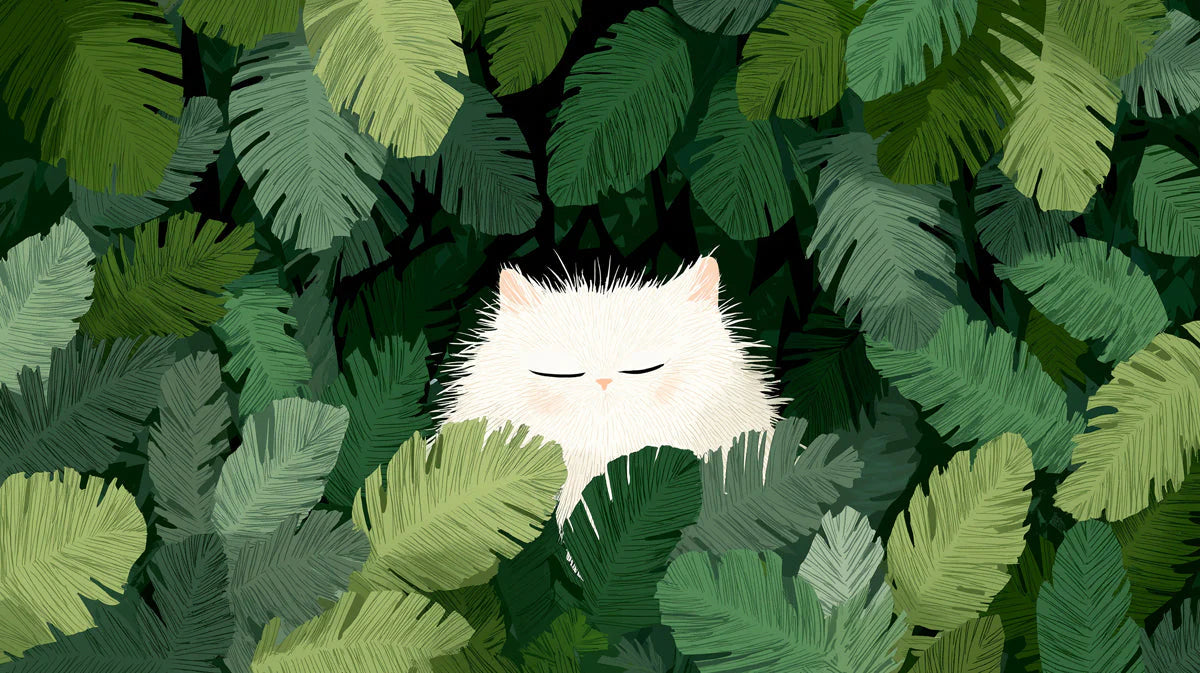 Sleepy White Cat in Tropical Foliage Mural Wallpaper - room preview 04